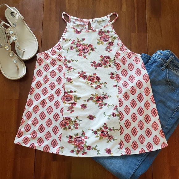 Wallflower Tops - Wallflower White and Red Floral Halterneck Blouse
